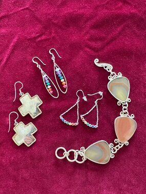 Sterling Silver Jewelry 925, 3 pairs earrings and bracelet Rainbow-inspired